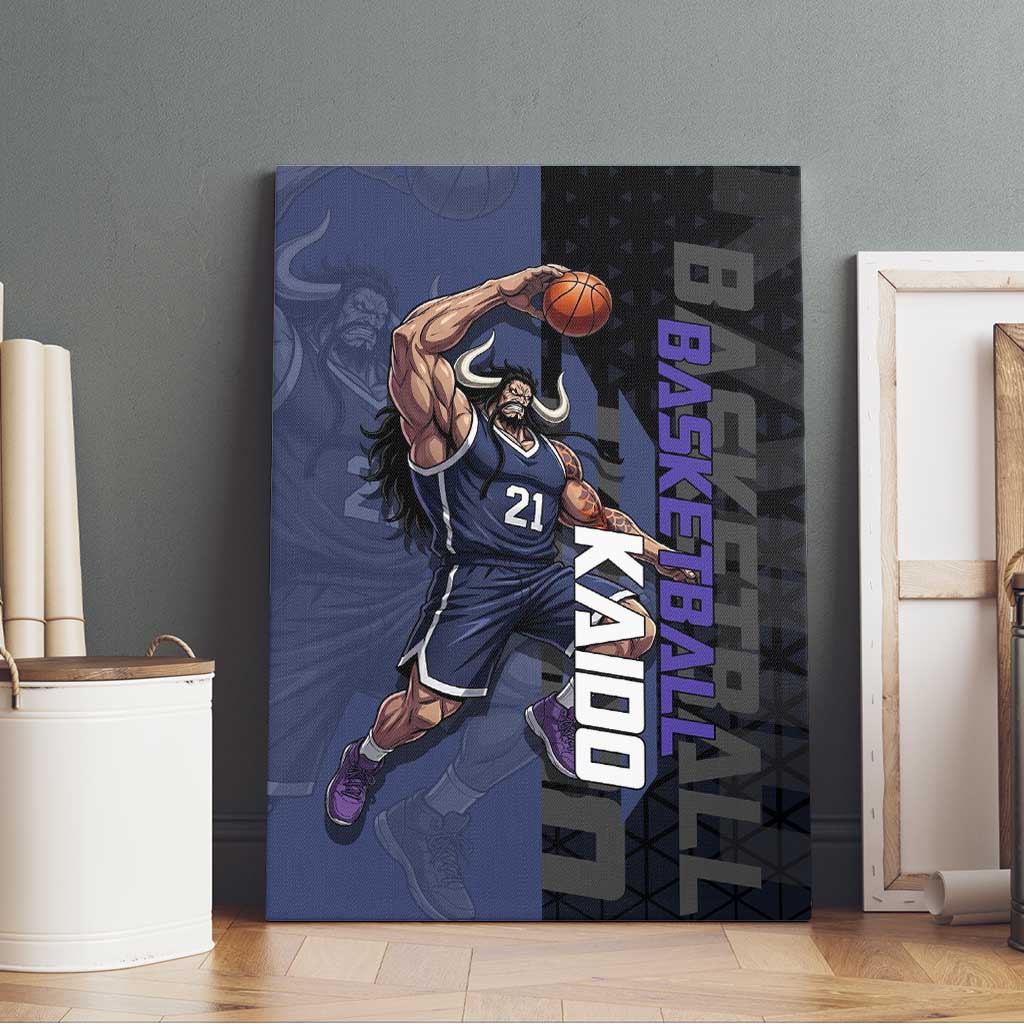 Kaido One Piece Basketball Theme Navy and Black Design Canvas Wall Art with Dragon Skull Emblem and Power Dunk Pose - The Mazicc