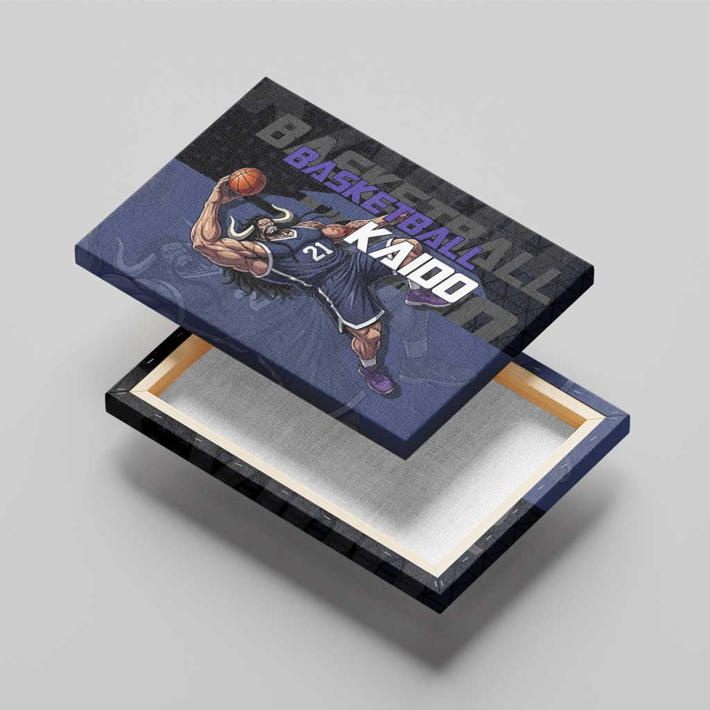 Kaido One Piece Basketball Theme Navy and Black Design Canvas Wall Art with Dragon Skull Emblem and Power Dunk Pose - The Mazicc