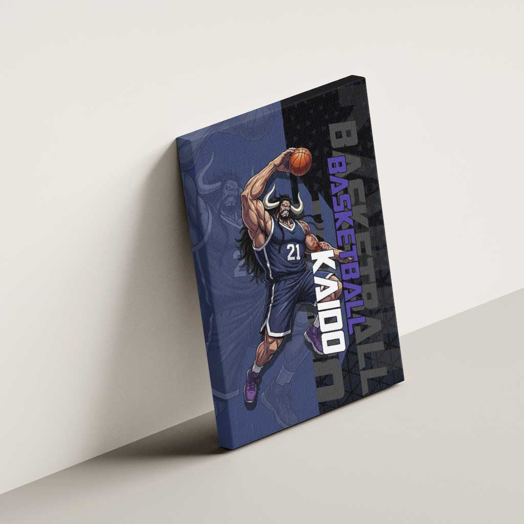 Kaido One Piece Basketball Theme Navy and Black Design Canvas Wall Art with Dragon Skull Emblem and Power Dunk Pose - The Mazicc