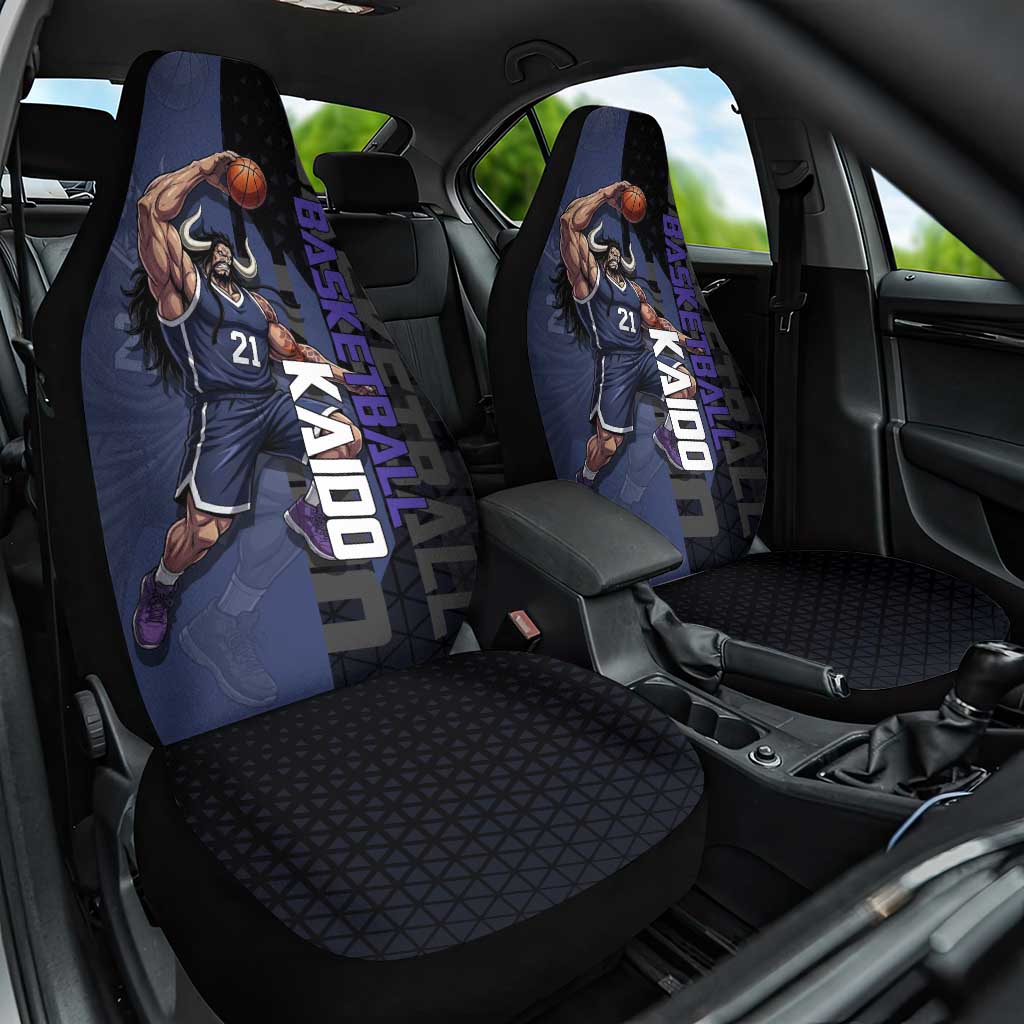 Kaido One Piece Basketball Theme Navy and Black Design Car Seat Cover with Dragon Skull Emblem and Power Dunk Pose - The Mazicc