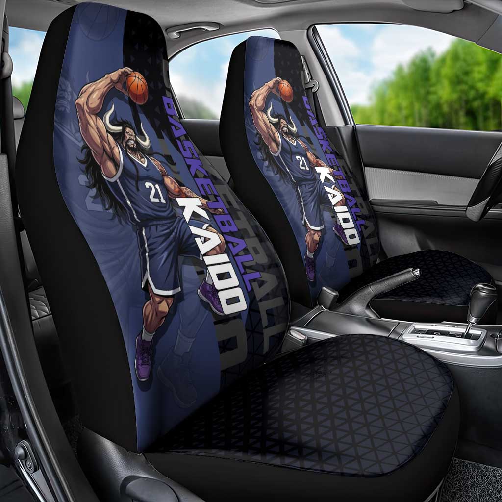 Kaido One Piece Basketball Theme Navy and Black Design Car Seat Cover with Dragon Skull Emblem and Power Dunk Pose - The Mazicc