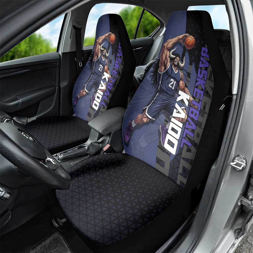 Kaido One Piece Basketball Theme Navy and Black Design Car Seat Cover with Dragon Skull Emblem and Power Dunk Pose - The Mazicc