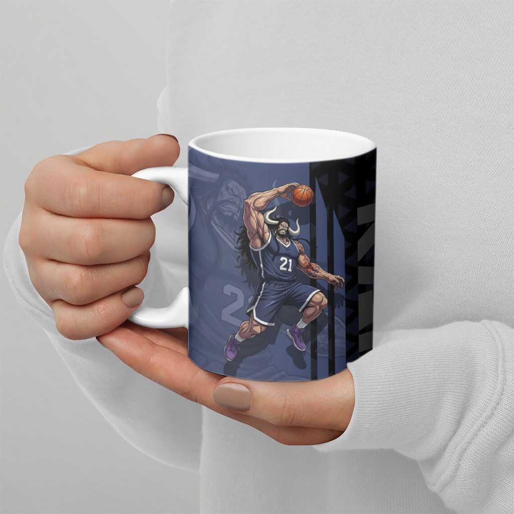 Kaido One Piece Basketball Theme Navy and Black Design Ceramic Mug with Dragon Skull Emblem and Power Dunk Pose - The Mazicc