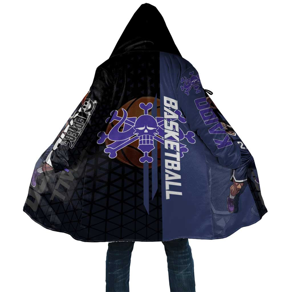 Kaido One Piece Basketball Theme Navy and Black Design Cloak with Dragon Skull Emblem and Power Dunk Pose - The Mazicc