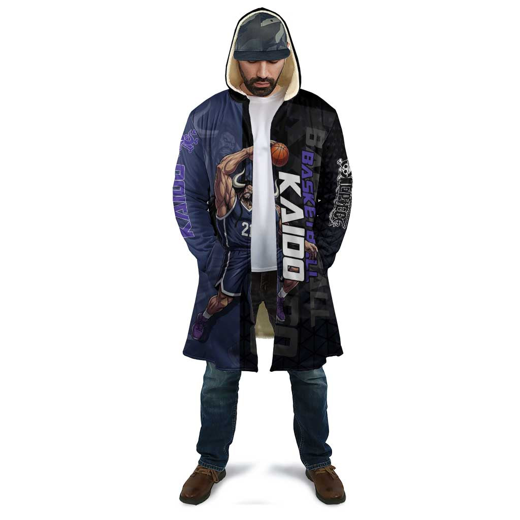 Kaido One Piece Basketball Theme Navy and Black Design Cloak with Dragon Skull Emblem and Power Dunk Pose - The Mazicc