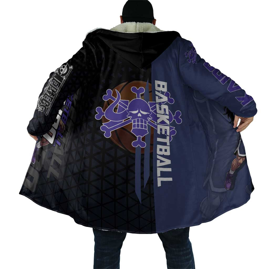 Kaido One Piece Basketball Theme Navy and Black Design Cloak with Dragon Skull Emblem and Power Dunk Pose - The Mazicc