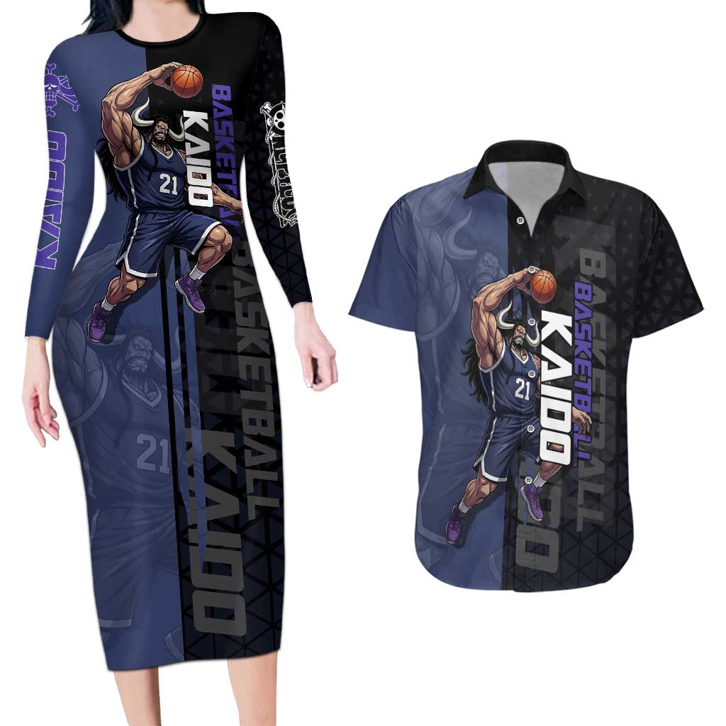 Kaido One Piece Basketball Theme Navy and Black Design Couples Matching Long Sleeve Bodycon Dress and Hawaiian Shirt with Dragon Skull Emblem and Power Dunk Pose - The Mazicc