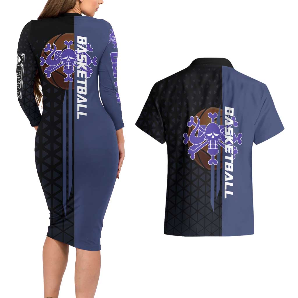 Kaido One Piece Basketball Theme Navy and Black Design Couples Matching Long Sleeve Bodycon Dress and Hawaiian Shirt with Dragon Skull Emblem and Power Dunk Pose - The Mazicc