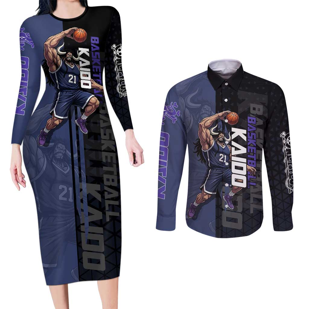 Kaido One Piece Basketball Theme Navy and Black Design Couples Matching Long Sleeve Bodycon Dress and Long Sleeve Button Shirt with Dragon Skull Emblem and Power Dunk Pose - The Mazicc