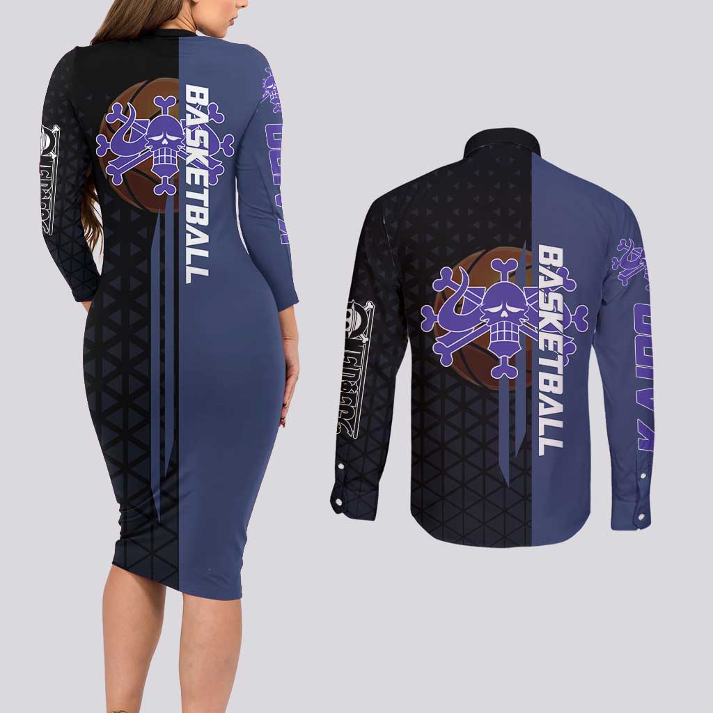 Kaido One Piece Basketball Theme Navy and Black Design Couples Matching Long Sleeve Bodycon Dress and Long Sleeve Button Shirt with Dragon Skull Emblem and Power Dunk Pose - The Mazicc