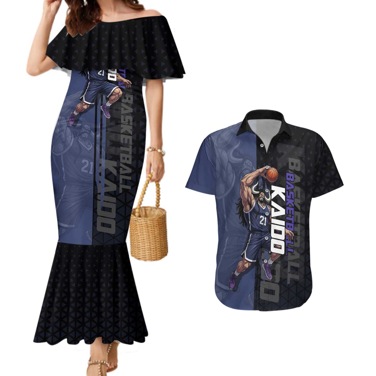 Kaido One Piece Basketball Theme Navy and Black Design Couples Matching Mermaid Dress and Hawaiian Shirt with Dragon Skull Emblem and Power Dunk Pose - The Mazicc