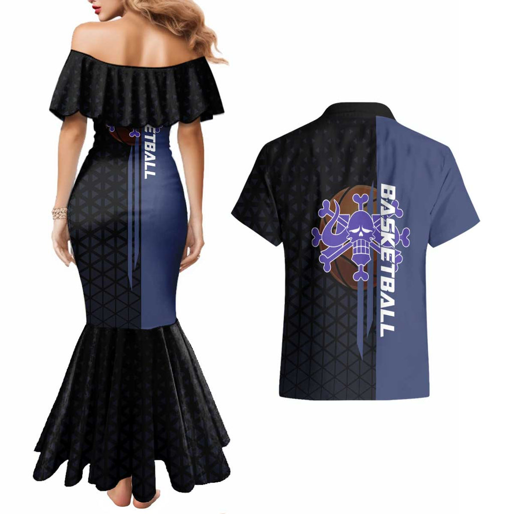 Kaido One Piece Basketball Theme Navy and Black Design Couples Matching Mermaid Dress and Hawaiian Shirt with Dragon Skull Emblem and Power Dunk Pose - The Mazicc