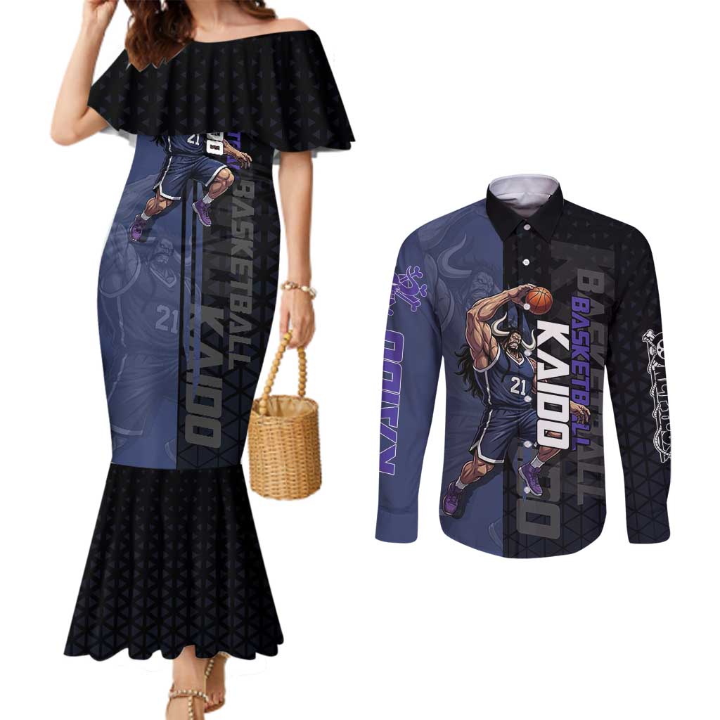 Kaido One Piece Basketball Theme Navy and Black Design Couples Matching Mermaid Dress and Long Sleeve Button Shirt with Dragon Skull Emblem and Power Dunk Pose - The Mazicc