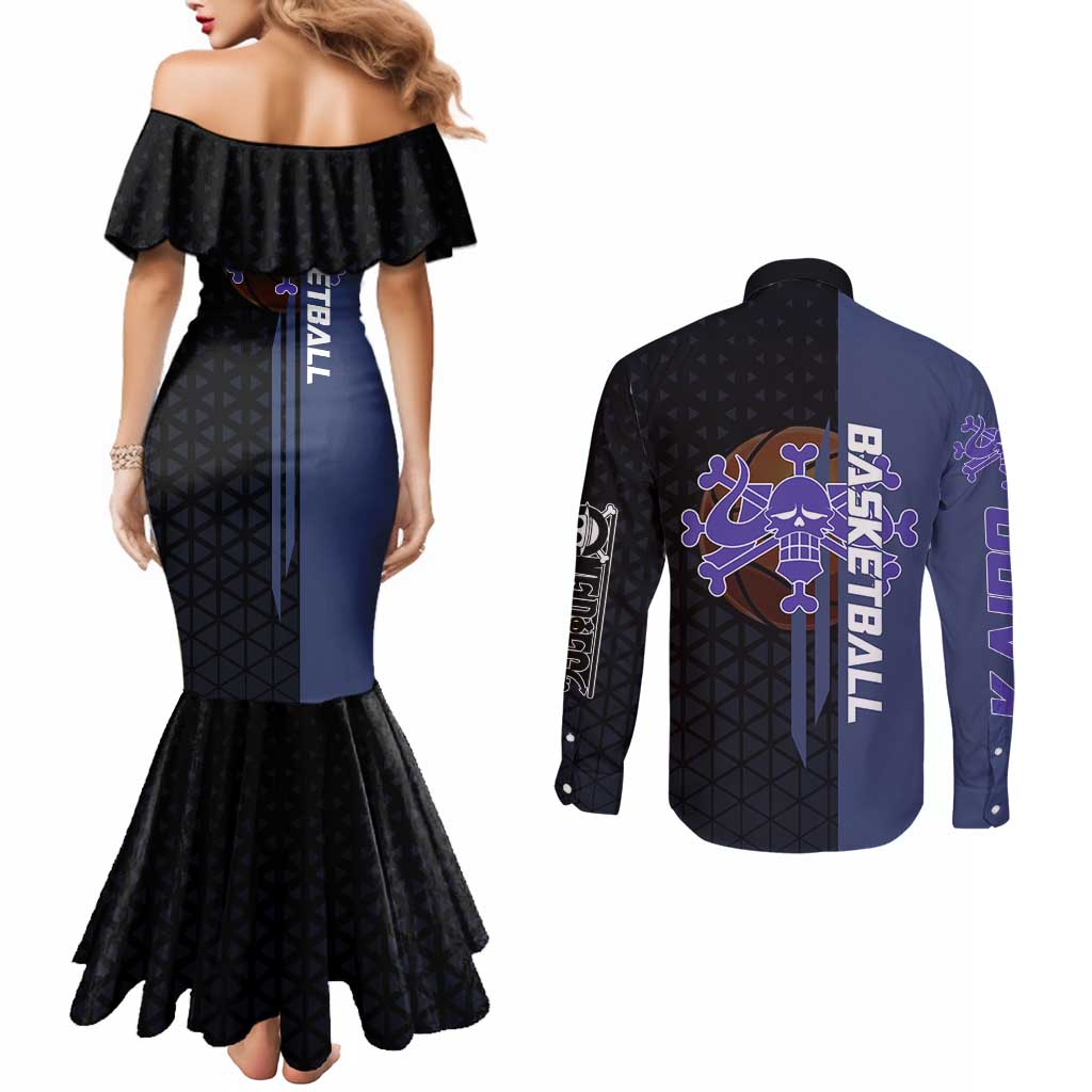 Kaido One Piece Basketball Theme Navy and Black Design Couples Matching Mermaid Dress and Long Sleeve Button Shirt with Dragon Skull Emblem and Power Dunk Pose - The Mazicc