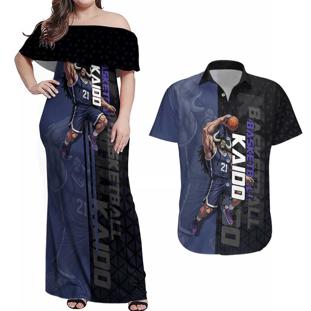 Kaido One Piece Basketball Theme Navy and Black Design Couples Matching Off Shoulder Maxi Dress and Hawaiian Shirt with Dragon Skull Emblem and Power Dunk Pose - The Mazicc