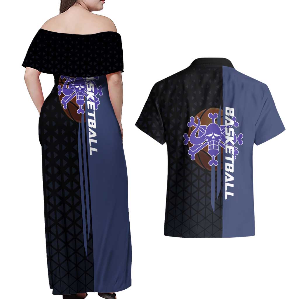 Kaido One Piece Basketball Theme Navy and Black Design Couples Matching Off Shoulder Maxi Dress and Hawaiian Shirt with Dragon Skull Emblem and Power Dunk Pose - The Mazicc