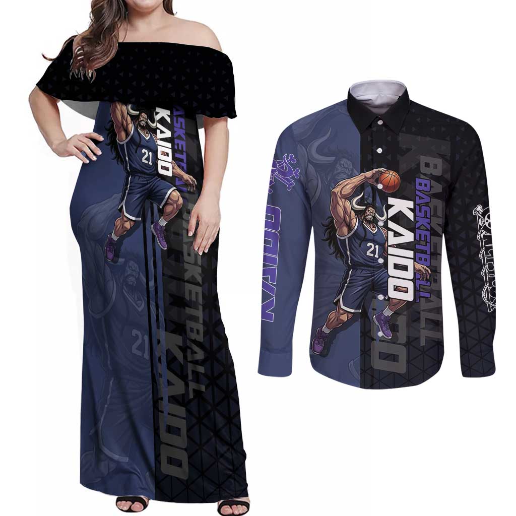 Kaido One Piece Basketball Theme Navy and Black Design Couples Matching Off Shoulder Maxi Dress and Long Sleeve Button Shirt with Dragon Skull Emblem and Power Dunk Pose - The Mazicc