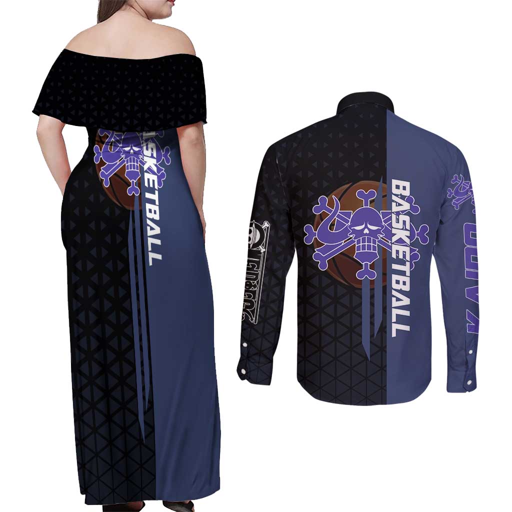 Kaido One Piece Basketball Theme Navy and Black Design Couples Matching Off Shoulder Maxi Dress and Long Sleeve Button Shirt with Dragon Skull Emblem and Power Dunk Pose - The Mazicc