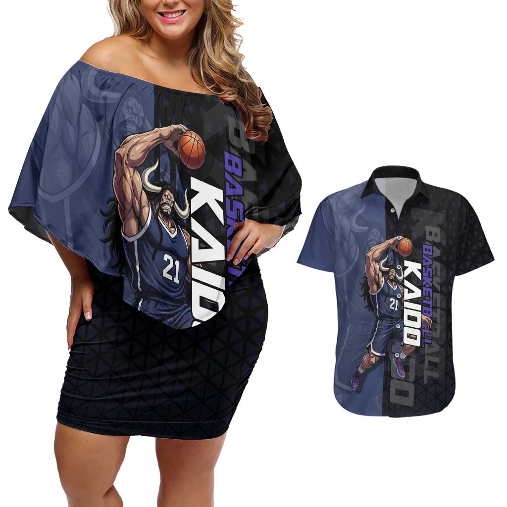 Kaido One Piece Basketball Theme Navy and Black Design Couples Matching Off Shoulder Short Dress and Hawaiian Shirt with Dragon Skull Emblem and Power Dunk Pose - The Mazicc