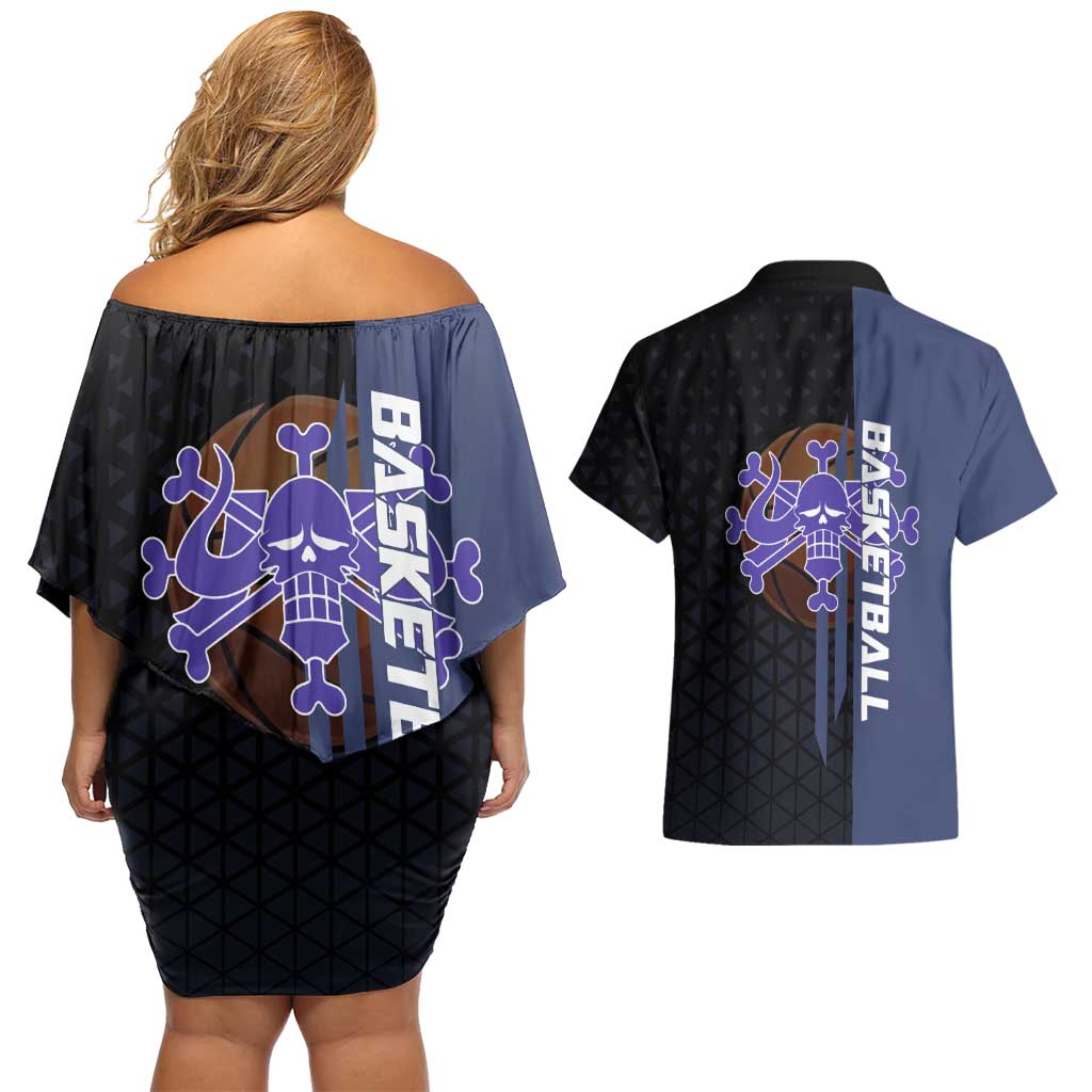 Kaido One Piece Basketball Theme Navy and Black Design Couples Matching Off Shoulder Short Dress and Hawaiian Shirt with Dragon Skull Emblem and Power Dunk Pose - The Mazicc