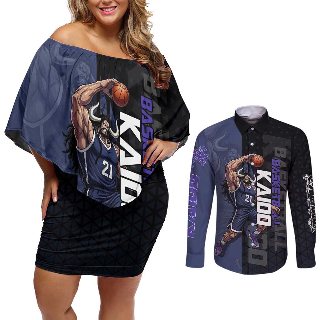 Kaido One Piece Basketball Theme Navy and Black Design Couples Matching Off Shoulder Short Dress and Long Sleeve Button Shirt with Dragon Skull Emblem and Power Dunk Pose - The Mazicc