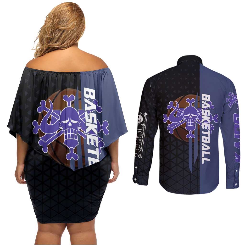 Kaido One Piece Basketball Theme Navy and Black Design Couples Matching Off Shoulder Short Dress and Long Sleeve Button Shirt with Dragon Skull Emblem and Power Dunk Pose - The Mazicc