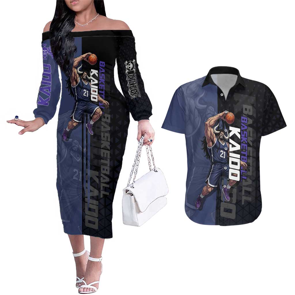 Kaido One Piece Basketball Theme Navy and Black Design Couples Matching Off The Shoulder Long Sleeve Dress and Hawaiian Shirt with Dragon Skull Emblem and Power Dunk Pose - The Mazicc