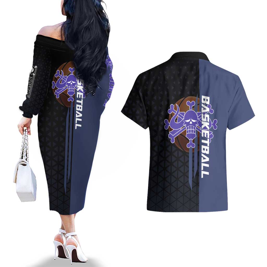 Kaido One Piece Basketball Theme Navy and Black Design Couples Matching Off The Shoulder Long Sleeve Dress and Hawaiian Shirt with Dragon Skull Emblem and Power Dunk Pose - The Mazicc