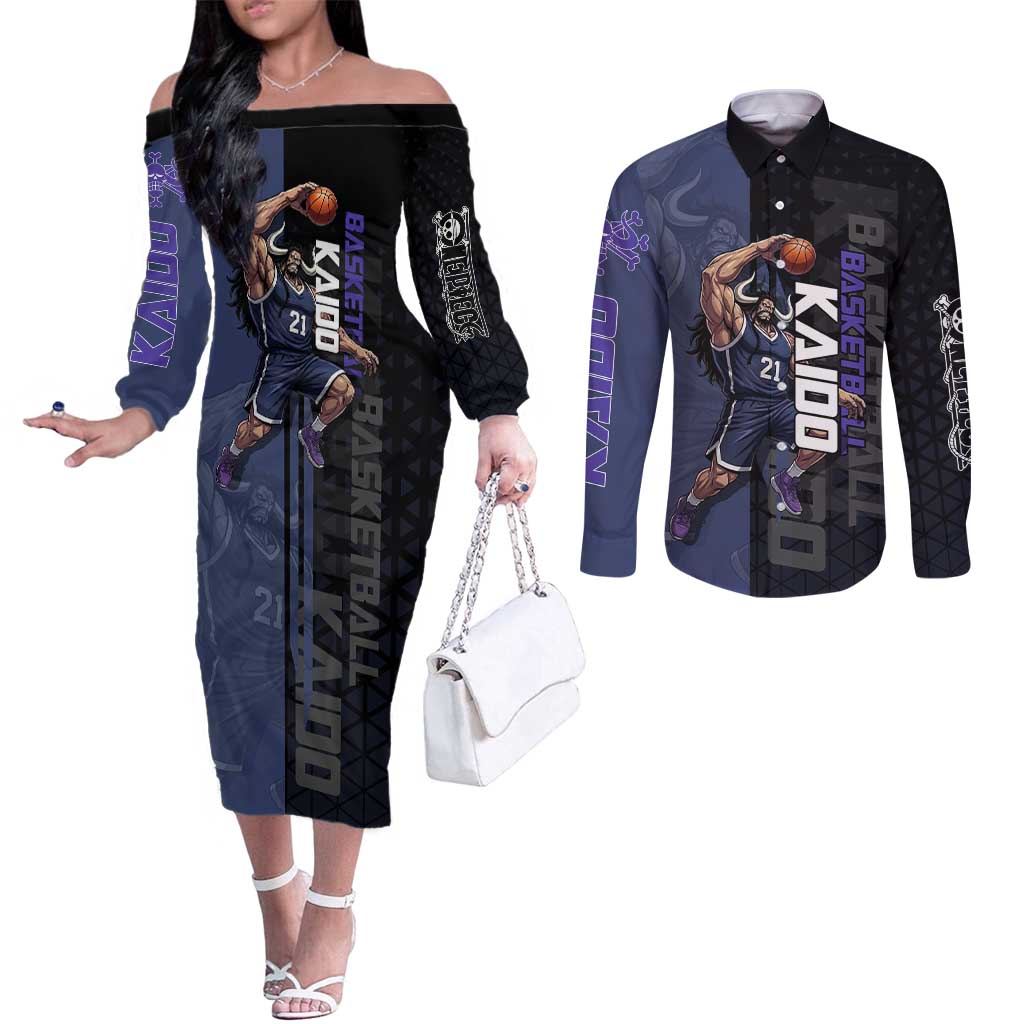 Kaido One Piece Basketball Theme Navy and Black Design Couples Matching Off The Shoulder Long Sleeve Dress and Long Sleeve Button Shirt with Dragon Skull Emblem and Power Dunk Pose - The Mazicc