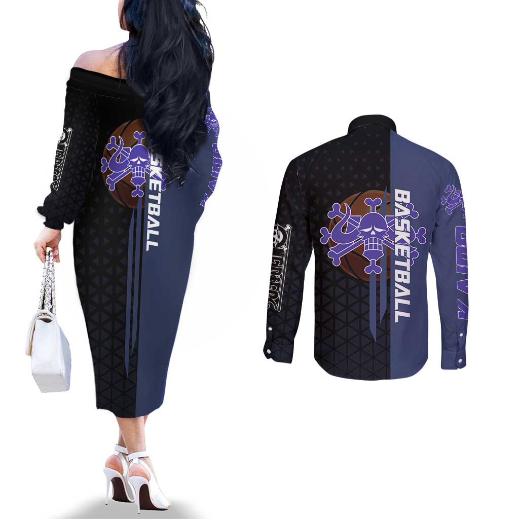 Kaido One Piece Basketball Theme Navy and Black Design Couples Matching Off The Shoulder Long Sleeve Dress and Long Sleeve Button Shirt with Dragon Skull Emblem and Power Dunk Pose - The Mazicc