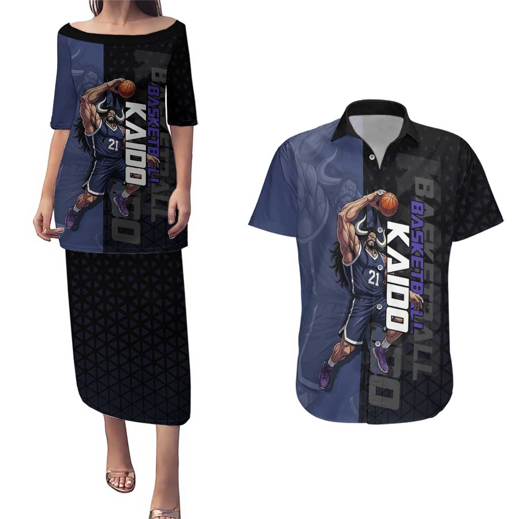 Kaido One Piece Basketball Theme Navy and Black Design Couples Matching Puletasi and Hawaiian Shirt with Dragon Skull Emblem and Power Dunk Pose - The Mazicc