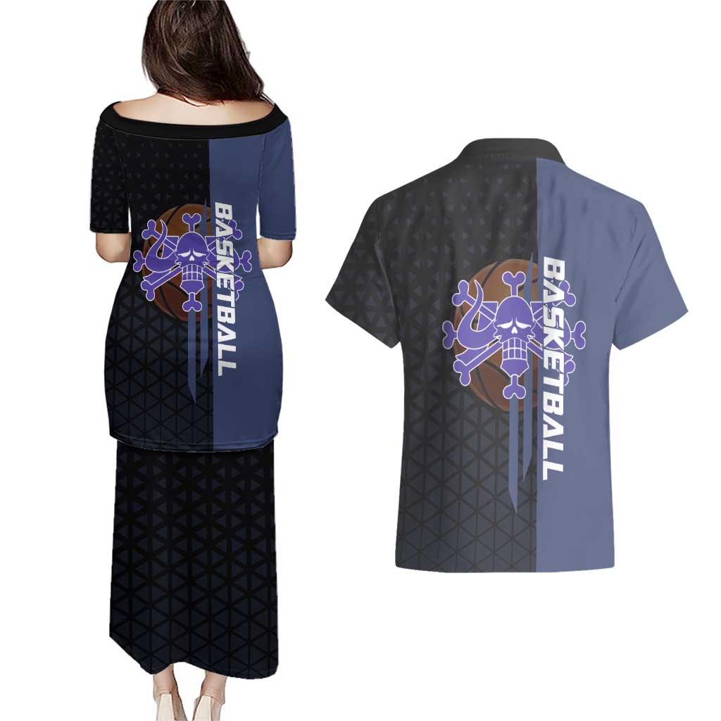 Kaido One Piece Basketball Theme Navy and Black Design Couples Matching Puletasi and Hawaiian Shirt with Dragon Skull Emblem and Power Dunk Pose - The Mazicc