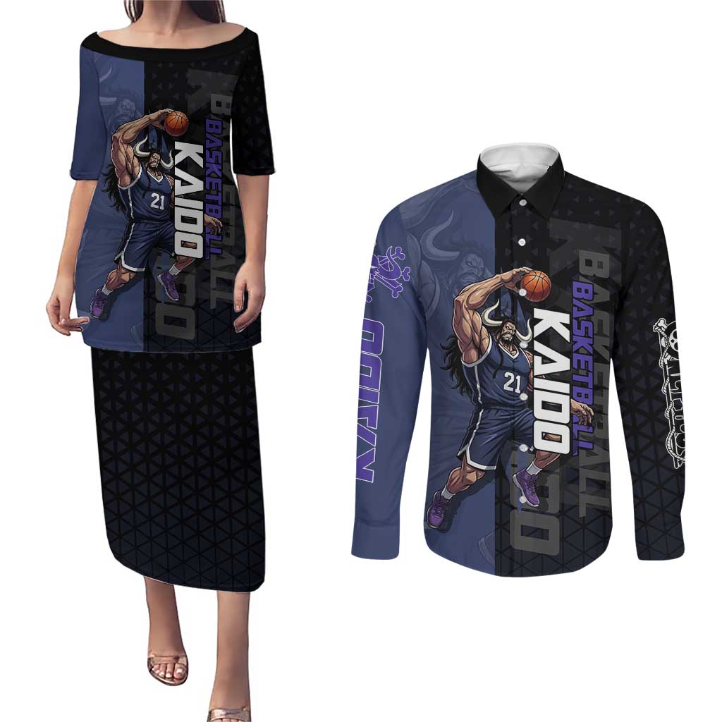 Kaido One Piece Basketball Theme Navy and Black Design Couples Matching Puletasi and Long Sleeve Button Shirt with Dragon Skull Emblem and Power Dunk Pose - The Mazicc