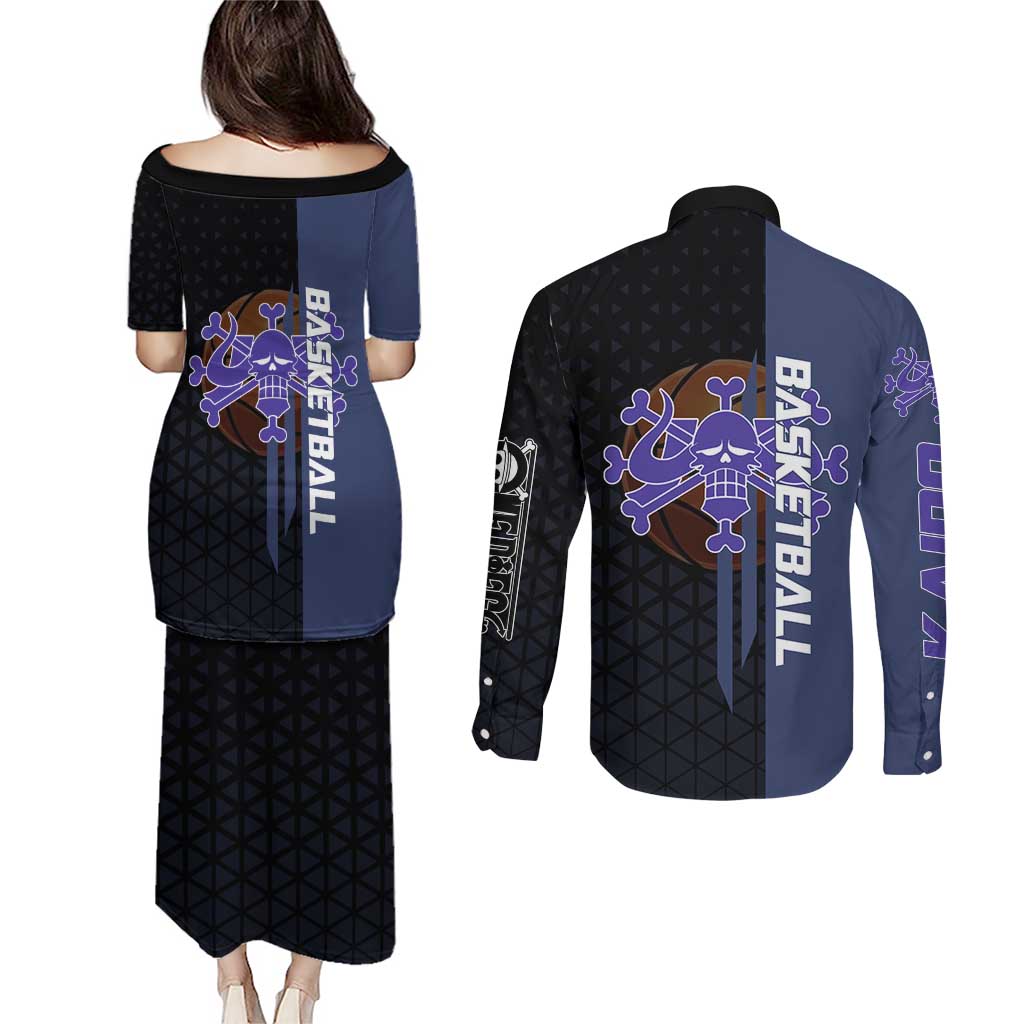 Kaido One Piece Basketball Theme Navy and Black Design Couples Matching Puletasi and Long Sleeve Button Shirt with Dragon Skull Emblem and Power Dunk Pose - The Mazicc
