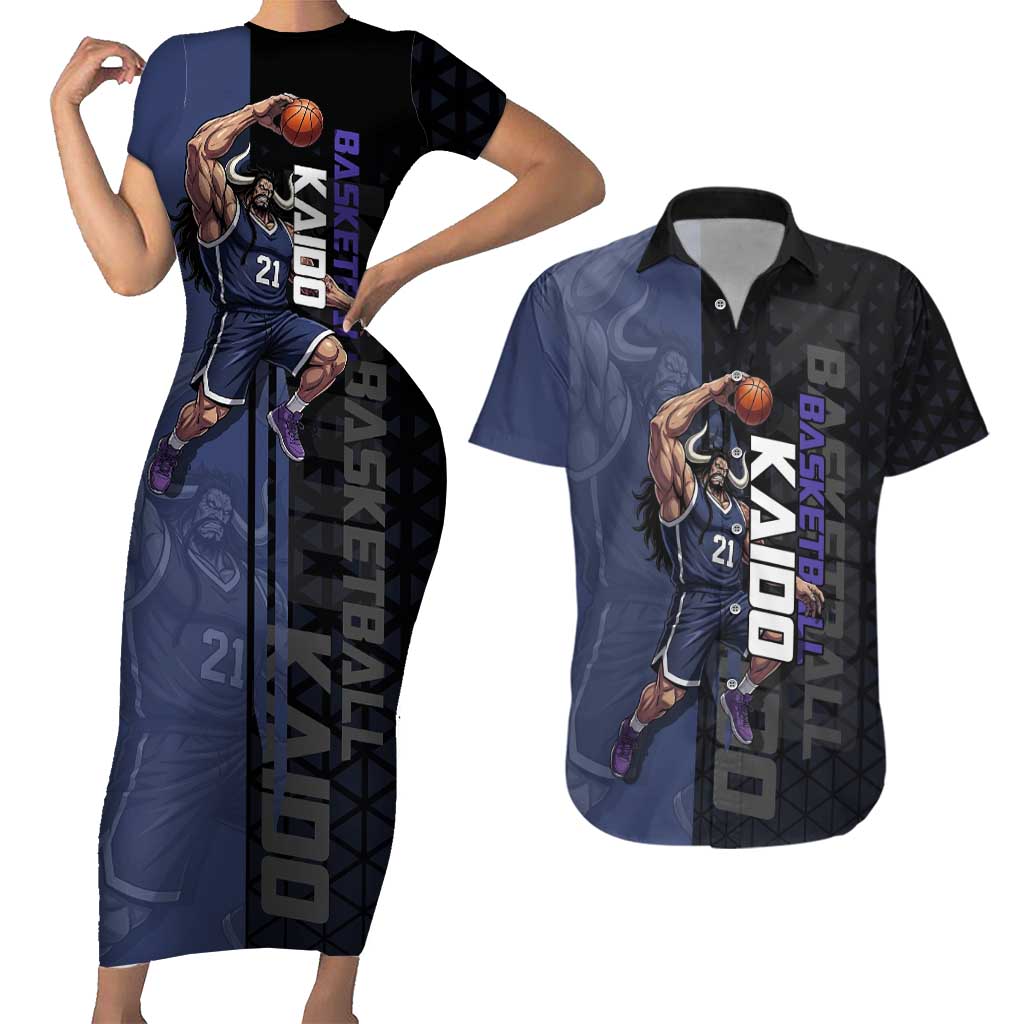 Kaido One Piece Basketball Theme Navy and Black Design Couples Matching Short Sleeve Bodycon Dress and Hawaiian Shirt with Dragon Skull Emblem and Power Dunk Pose - The Mazicc