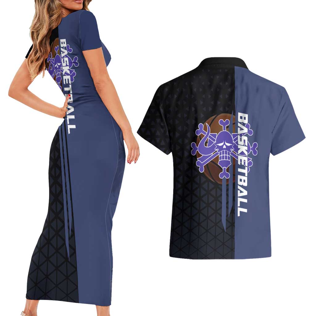 Kaido One Piece Basketball Theme Navy and Black Design Couples Matching Short Sleeve Bodycon Dress and Hawaiian Shirt with Dragon Skull Emblem and Power Dunk Pose - The Mazicc