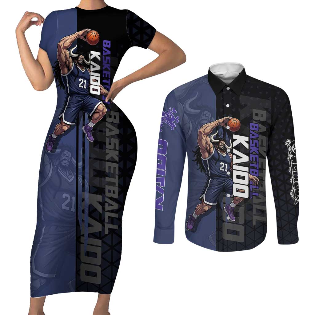 Kaido One Piece Basketball Theme Navy and Black Design Couples Matching Short Sleeve Bodycon Dress and Long Sleeve Button Shirt with Dragon Skull Emblem and Power Dunk Pose - The Mazicc