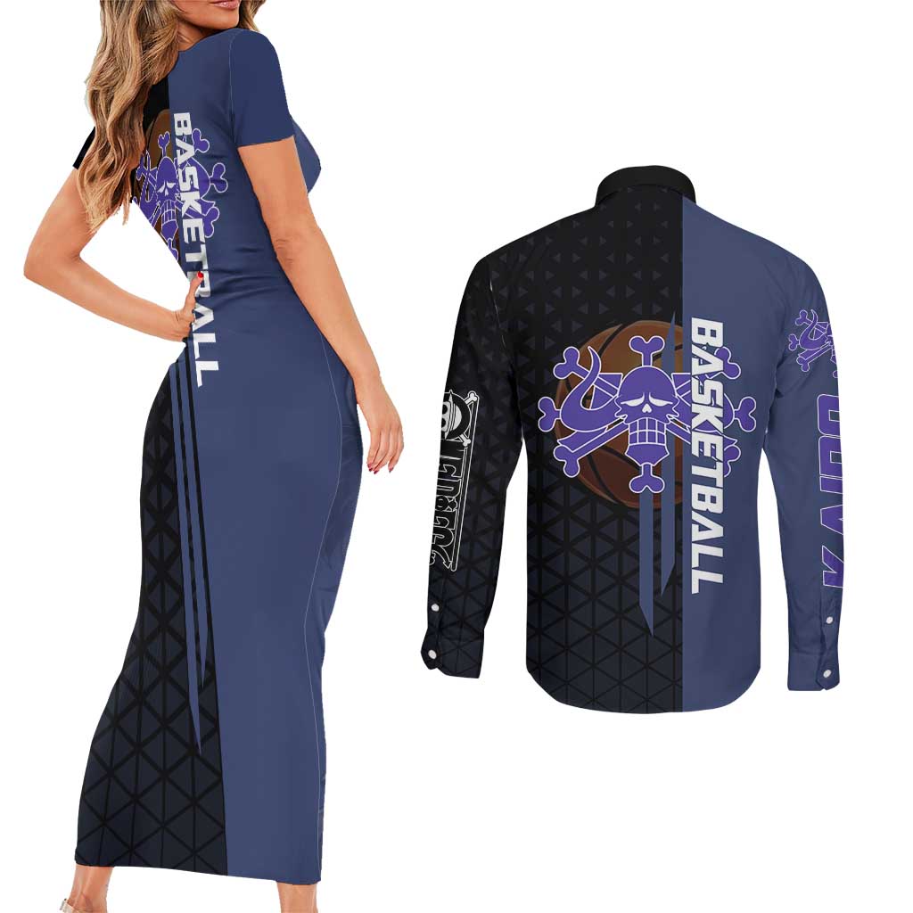 Kaido One Piece Basketball Theme Navy and Black Design Couples Matching Short Sleeve Bodycon Dress and Long Sleeve Button Shirt with Dragon Skull Emblem and Power Dunk Pose - The Mazicc