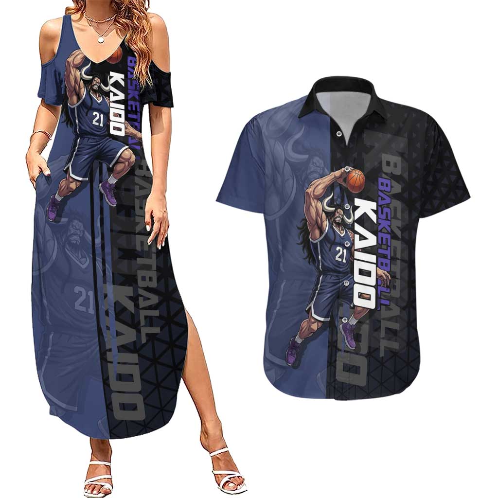 Kaido One Piece Basketball Theme Navy and Black Design Couples Matching Summer Maxi Dress and Hawaiian Shirt with Dragon Skull Emblem and Power Dunk Pose - The Mazicc