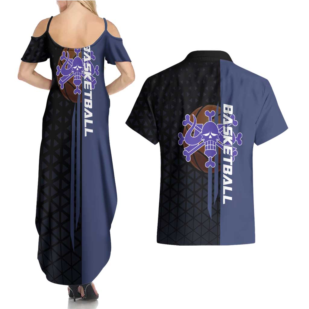 Kaido One Piece Basketball Theme Navy and Black Design Couples Matching Summer Maxi Dress and Hawaiian Shirt with Dragon Skull Emblem and Power Dunk Pose - The Mazicc