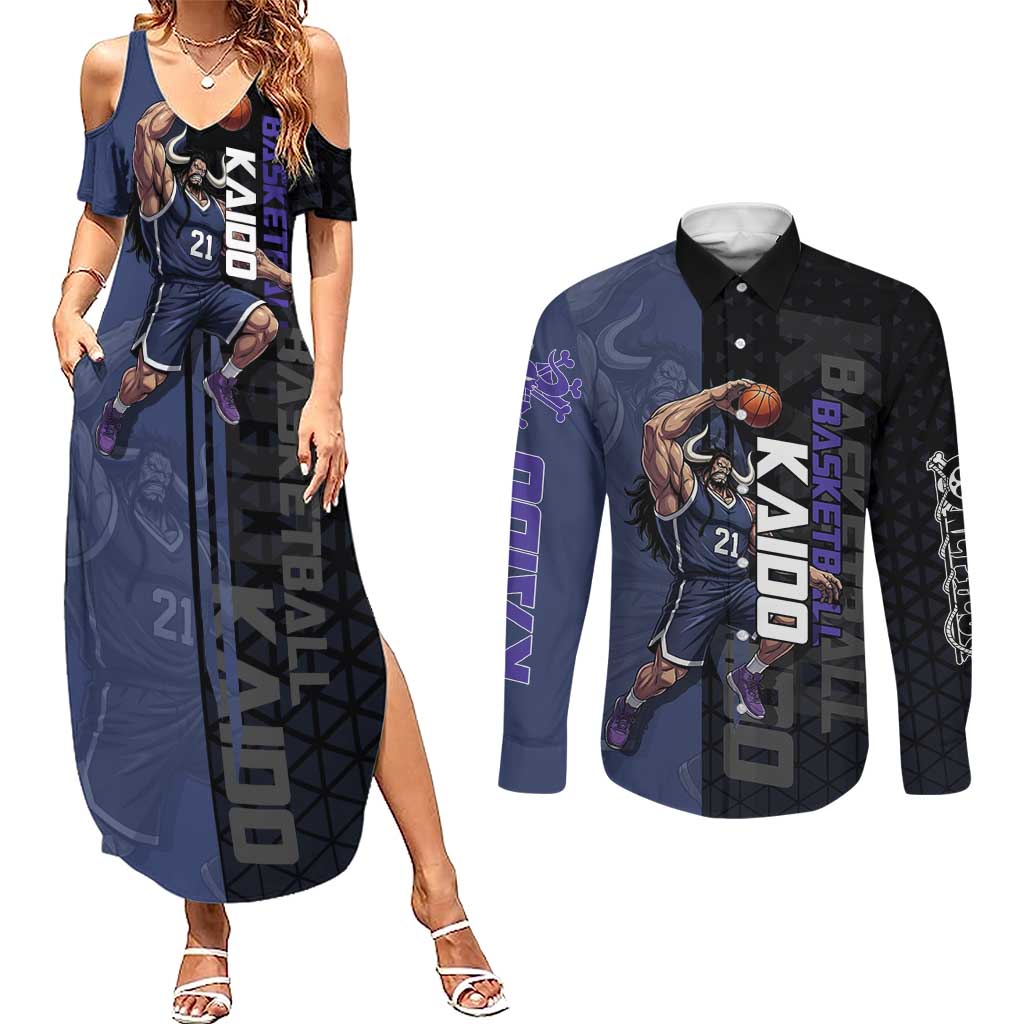 Kaido One Piece Basketball Theme Navy and Black Design Couples Matching Summer Maxi Dress and Long Sleeve Button Shirt with Dragon Skull Emblem and Power Dunk Pose - The Mazicc