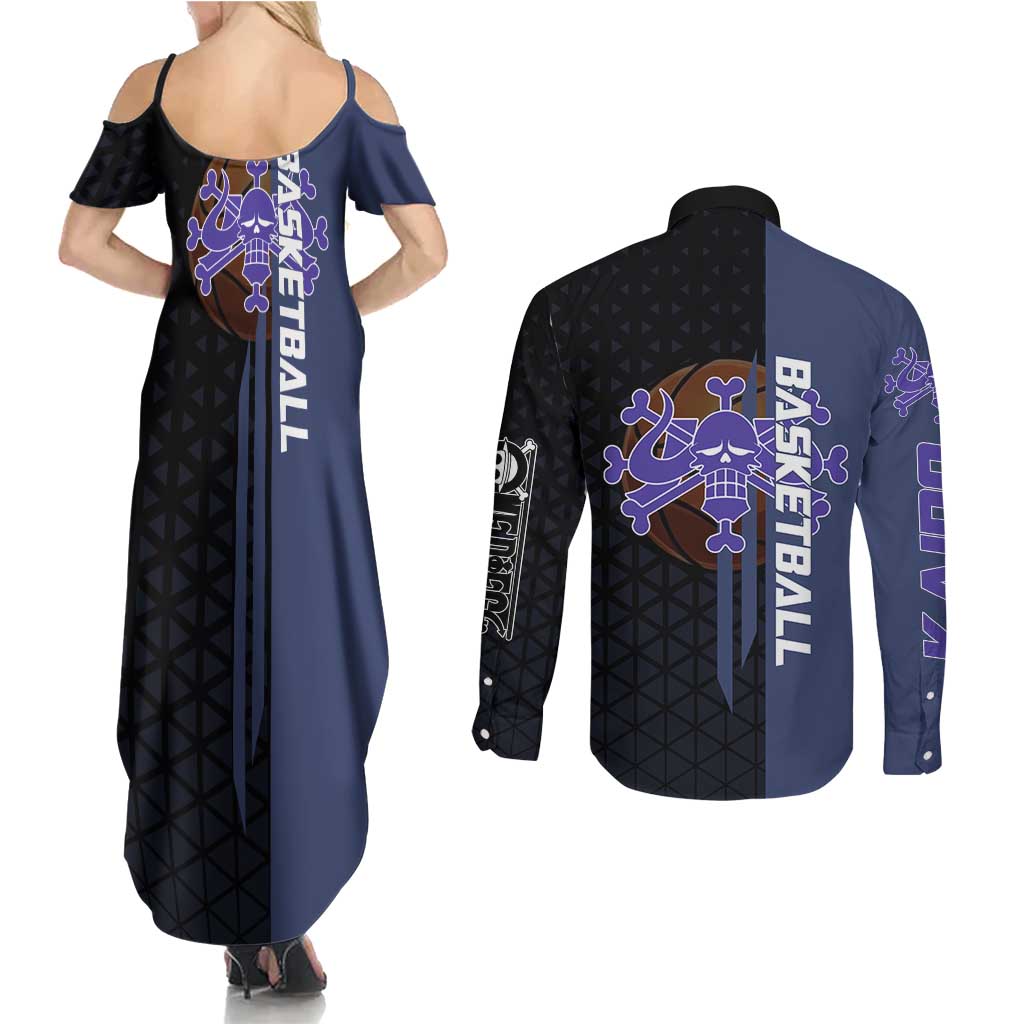 Kaido One Piece Basketball Theme Navy and Black Design Couples Matching Summer Maxi Dress and Long Sleeve Button Shirt with Dragon Skull Emblem and Power Dunk Pose - The Mazicc