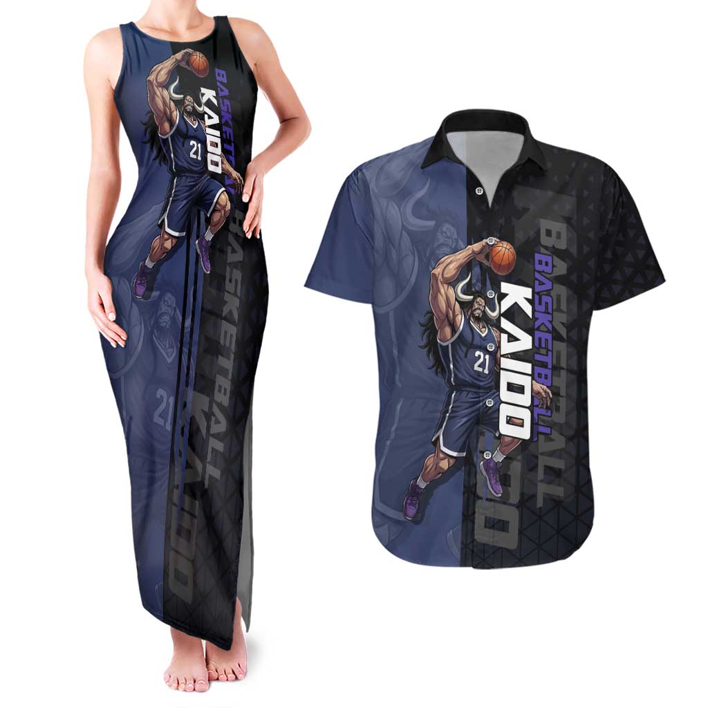 Kaido One Piece Basketball Theme Navy and Black Design Couples Matching Tank Maxi Dress and Hawaiian Shirt with Dragon Skull Emblem and Power Dunk Pose - The Mazicc