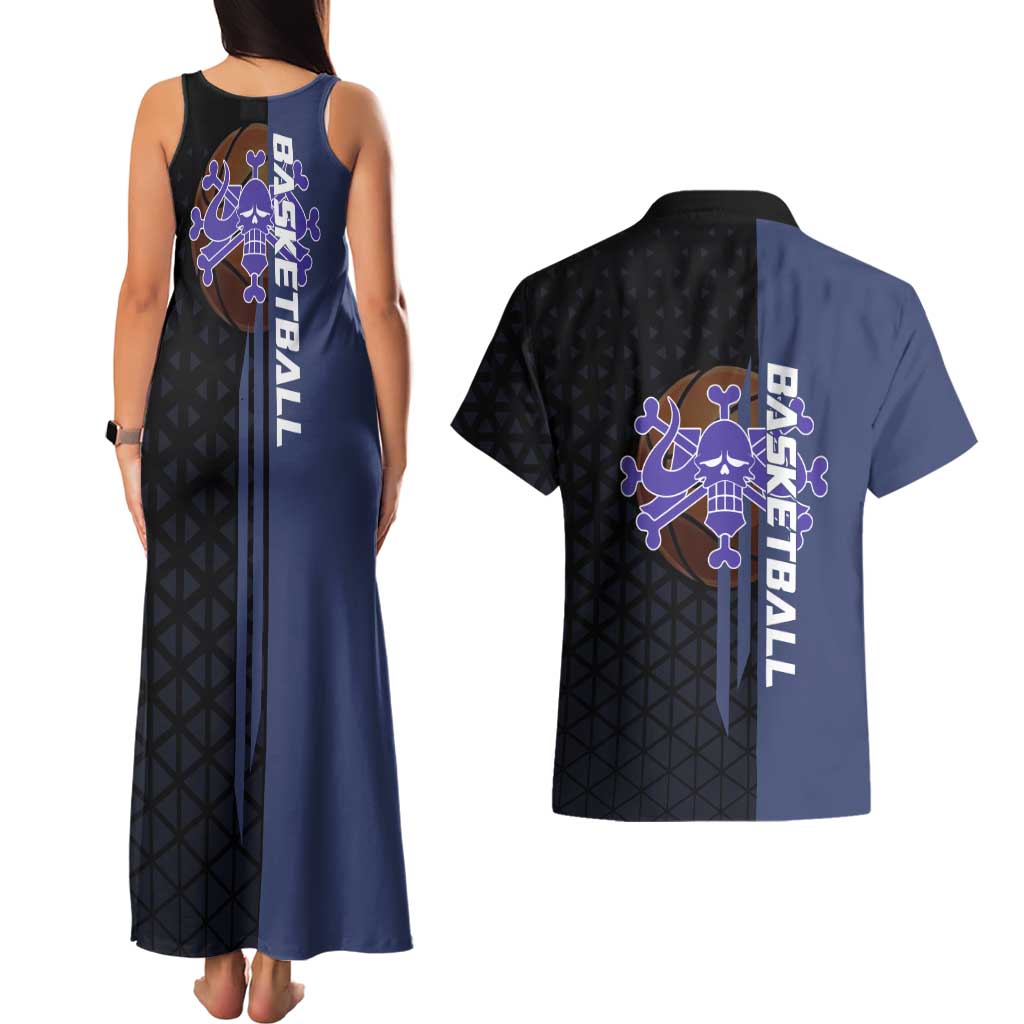 Kaido One Piece Basketball Theme Navy and Black Design Couples Matching Tank Maxi Dress and Hawaiian Shirt with Dragon Skull Emblem and Power Dunk Pose - The Mazicc