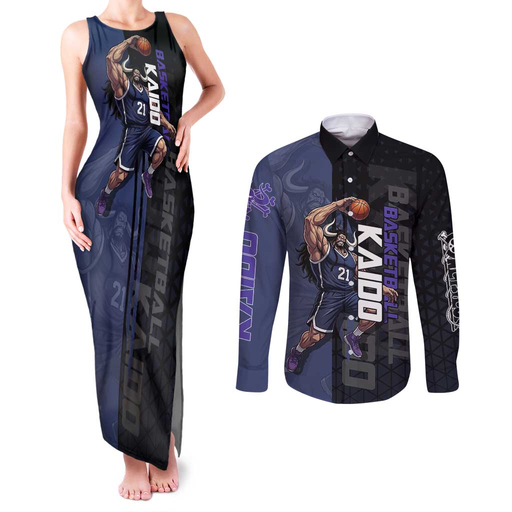Kaido One Piece Basketball Theme Navy and Black Design Couples Matching Tank Maxi Dress and Long Sleeve Button Shirt with Dragon Skull Emblem and Power Dunk Pose - The Mazicc