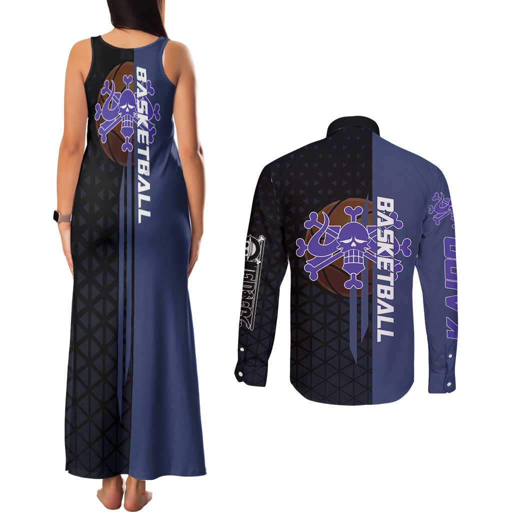 Kaido One Piece Basketball Theme Navy and Black Design Couples Matching Tank Maxi Dress and Long Sleeve Button Shirt with Dragon Skull Emblem and Power Dunk Pose - The Mazicc