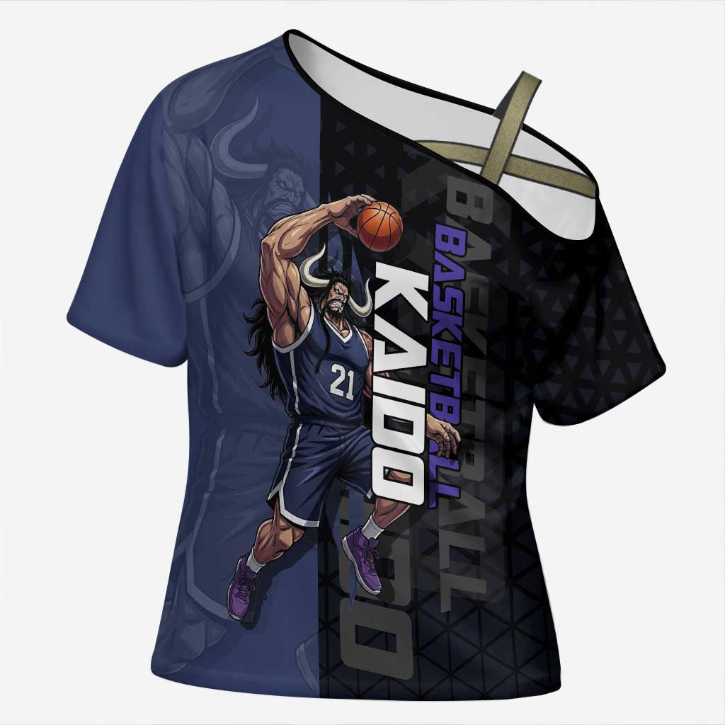 Kaido One Piece Basketball Theme Navy and Black Design Cross Shoulder Shirt with Dragon Skull Emblem and Power Dunk Pose - The Mazicc
