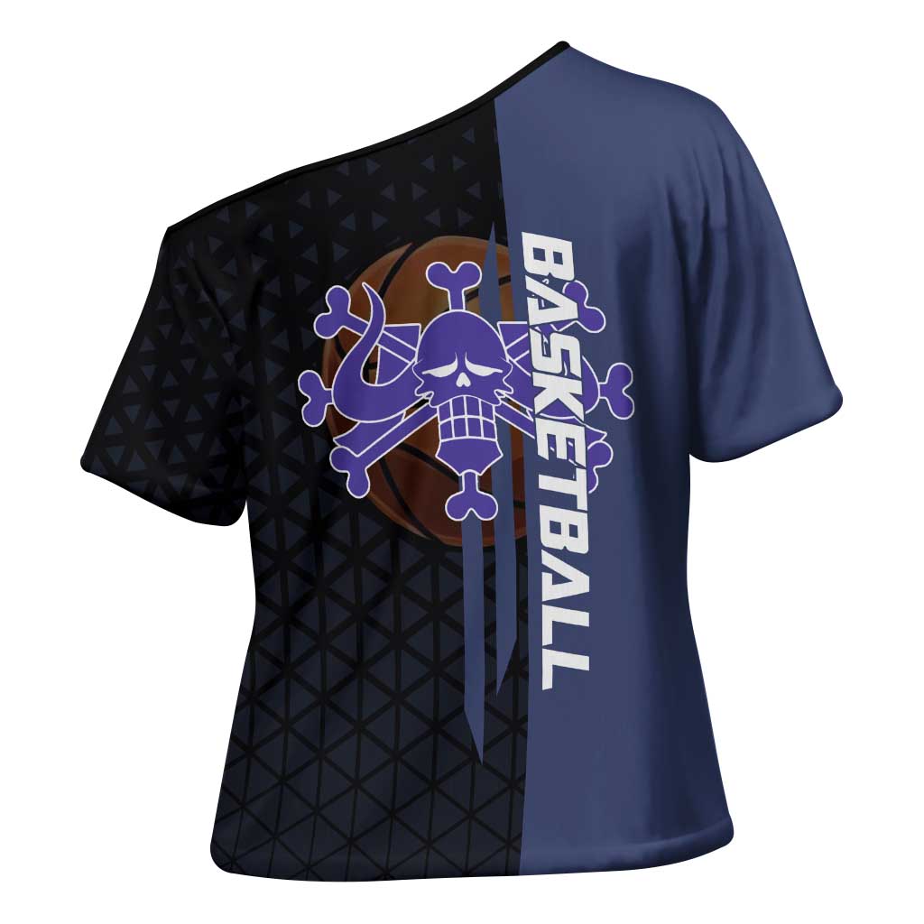 Kaido One Piece Basketball Theme Navy and Black Design Cross Shoulder Shirt with Dragon Skull Emblem and Power Dunk Pose - The Mazicc