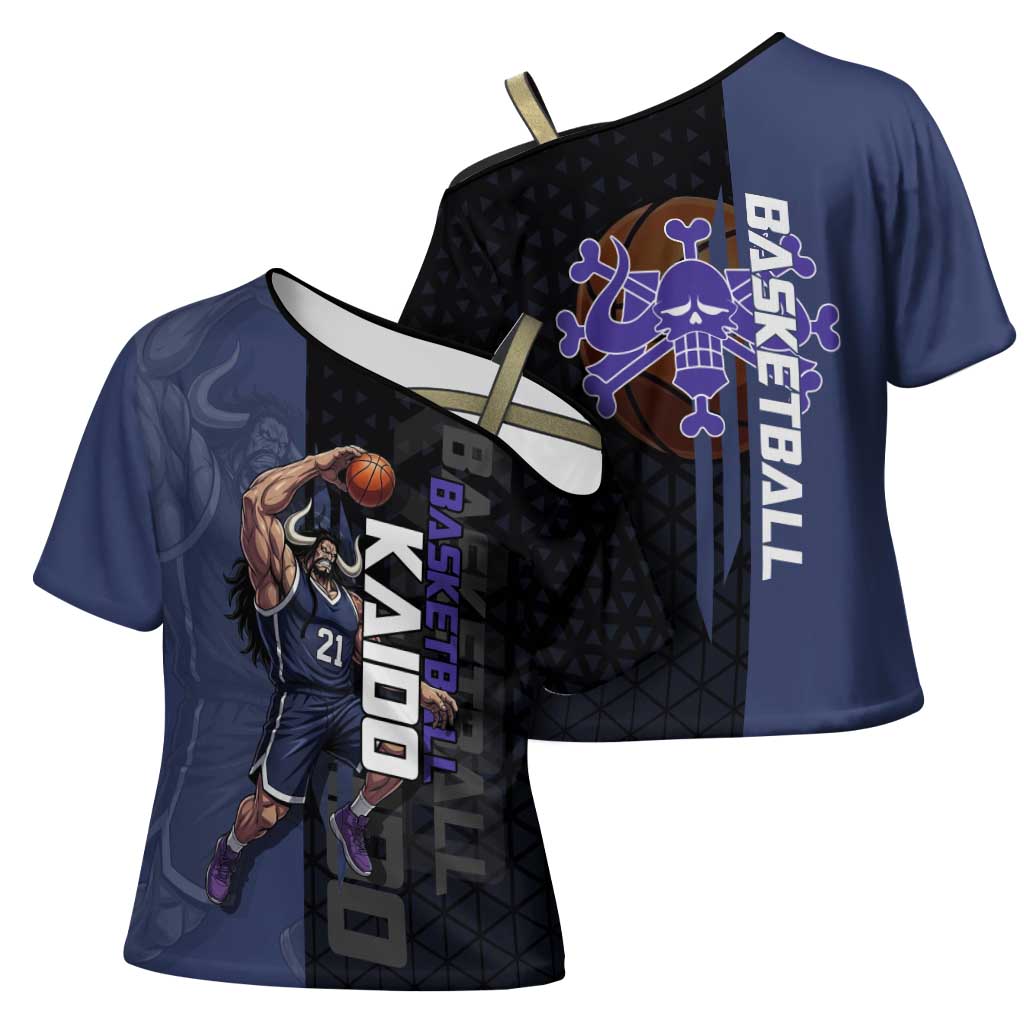 Kaido One Piece Basketball Theme Navy and Black Design Cross Shoulder Shirt with Dragon Skull Emblem and Power Dunk Pose - The Mazicc