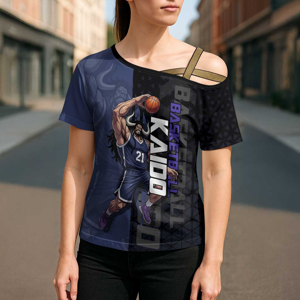 Kaido One Piece Basketball Theme Navy and Black Design Cross Shoulder Shirt with Dragon Skull Emblem and Power Dunk Pose - The Mazicc